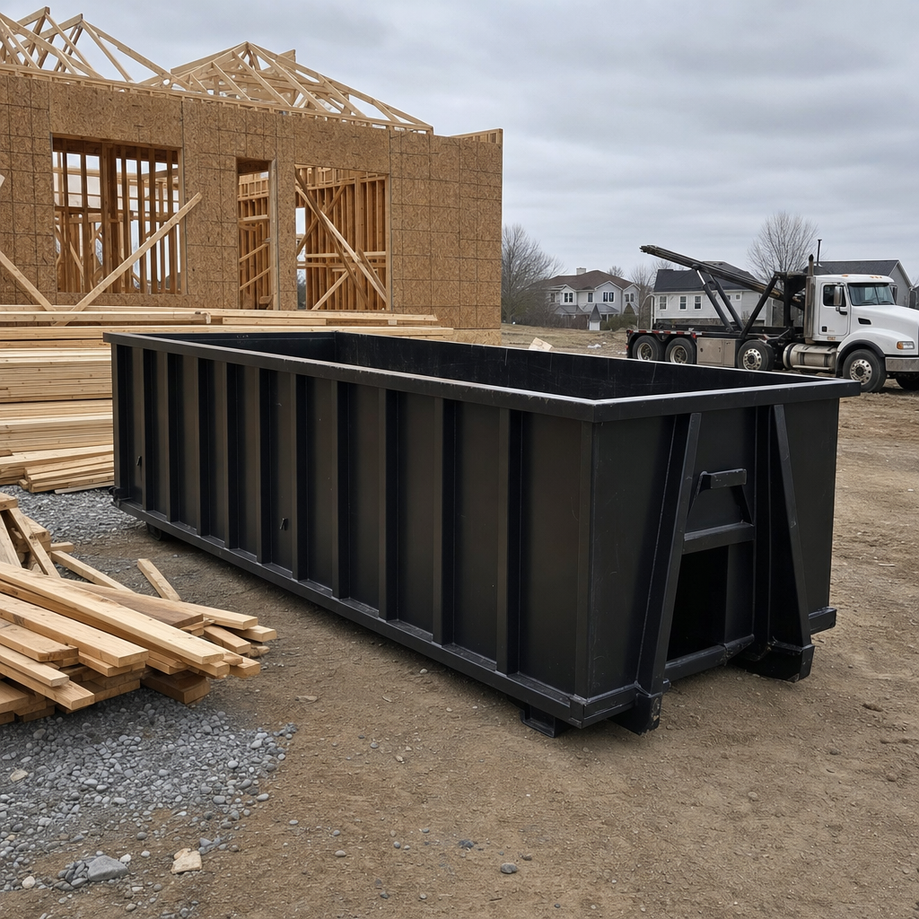 Matte-black 40-yard roll-off dumpster staged on a framed-out residential construction site in Chapel Hill, framing lumber stacked nearby, hooklift delivery truck visible in the background under bright Colorado daylight