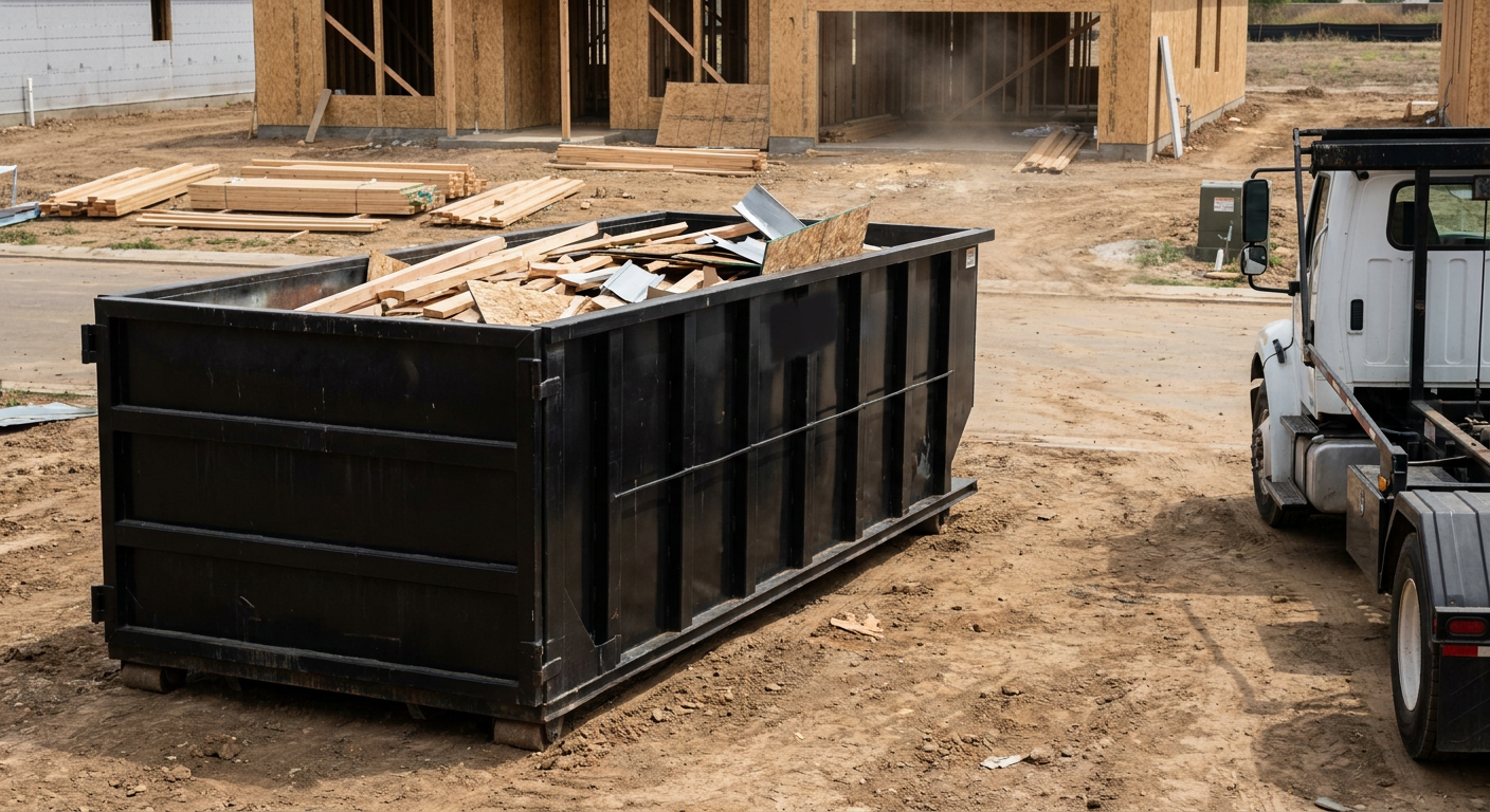 Matte-black 20-yard roll-off construction dumpster with heavy ribbed steel sidewalls and swing rear doors at a working jobsite in Chapel Hill, sitting directly on compacted dirt with an unmarked white hauler partially visible at the far edge of the frame.