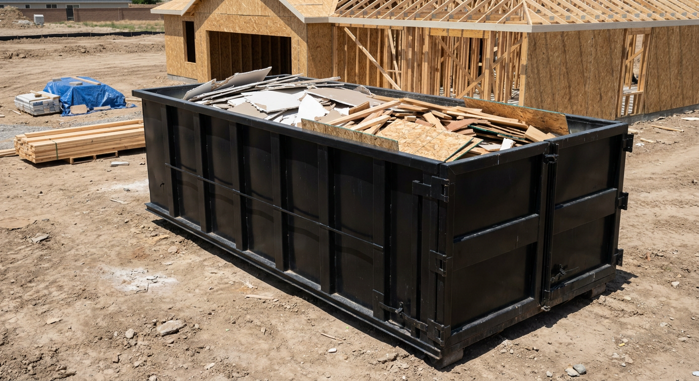 Matte-black 30-yard roll-off construction dumpster sitting directly on the compacted-dirt site of a framed single-family home build in Chapel Hill, drywall and lumber scrap loaded inside.