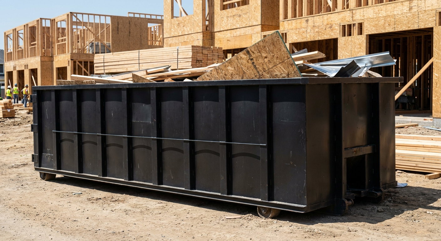 Matte-black 40-yard roll-off construction dumpster being lowered from a white-cab hooklift delivery truck onto the compacted-dirt jobsite at a commercial build site in Chapel Hill