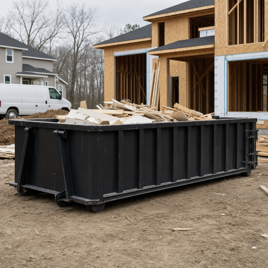 Worker in a yellow high-visibility vest tossing framing lumber and broken drywall into a matte-black 30-yard construction roll-off dumpster on an active build site in Chapel Hill, bright daylight