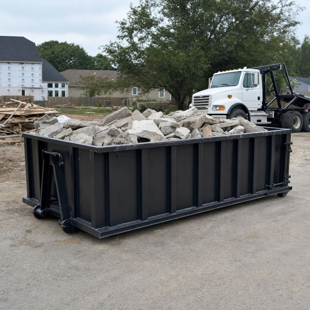 Low-profile matte-black lowboy roll-off dumpster loaded with broken concrete slab and rebar at a foundation tear-out in Chapel Hill, skid steer parked beside it, sunny Colorado morning