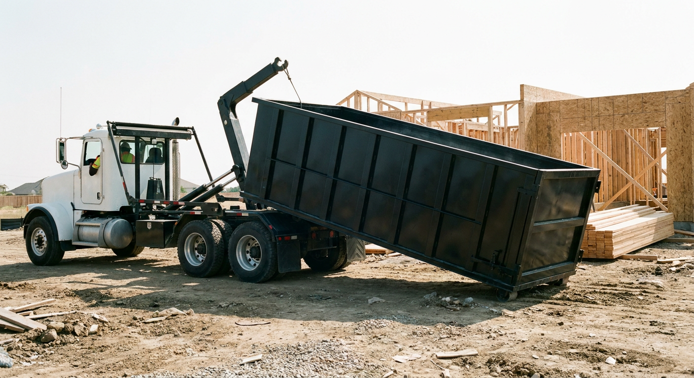 Matte-black roll-off dumpster being delivered onto a clean residential concrete driveway in Chapel Hill by an unmarked white hooklift hauler truck, bright morning daylight, documentary 35mm perspective.