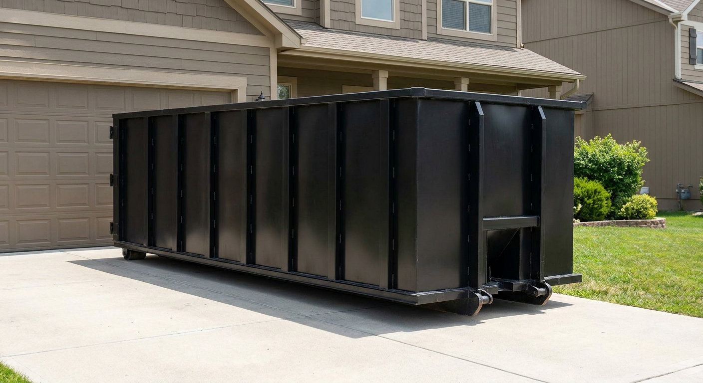Matte-black residential roll-off dumpster sitting directly on a suburban Chapel Hill concrete driveway, garage door closed, single-family home in background, bright morning daylight.