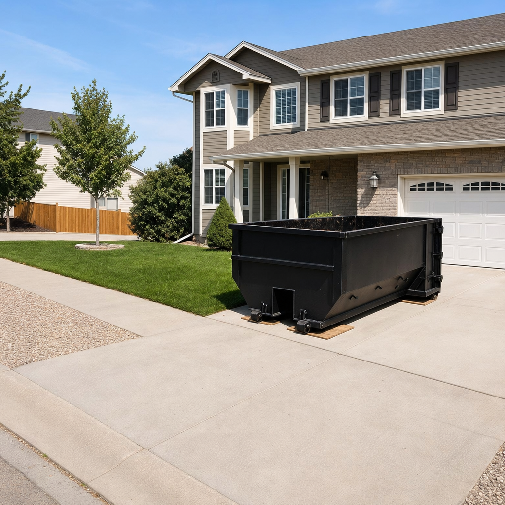 10-yard matte-black residential dumpster placed directly on a narrow Chapel Hill concrete driveway, room remains for a parked sedan beside it, mid-morning natural light