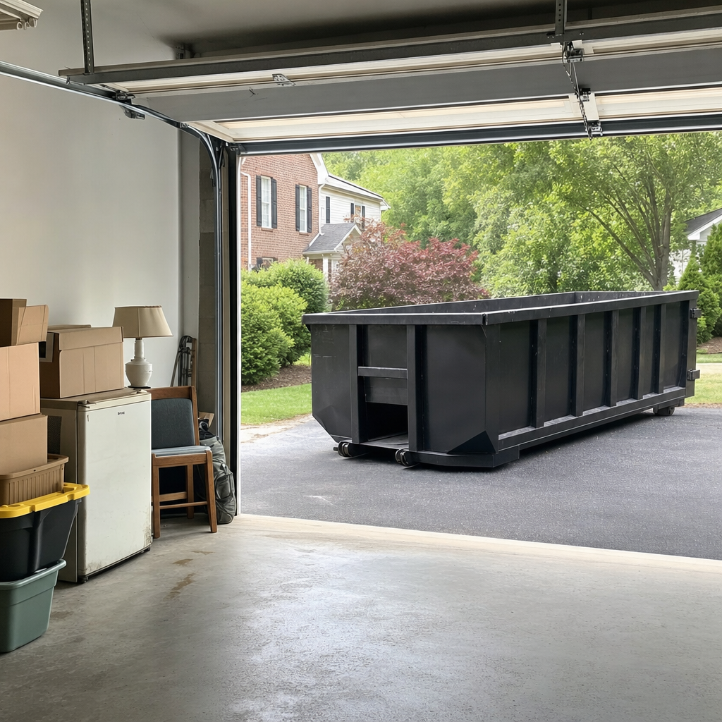 Open garage interior in a Chapel Hill home mid-cleanout — boxed items, an old appliance, and stacked yard tools queued near the driveway for a matte-black roll-off dumpster, organized and calm