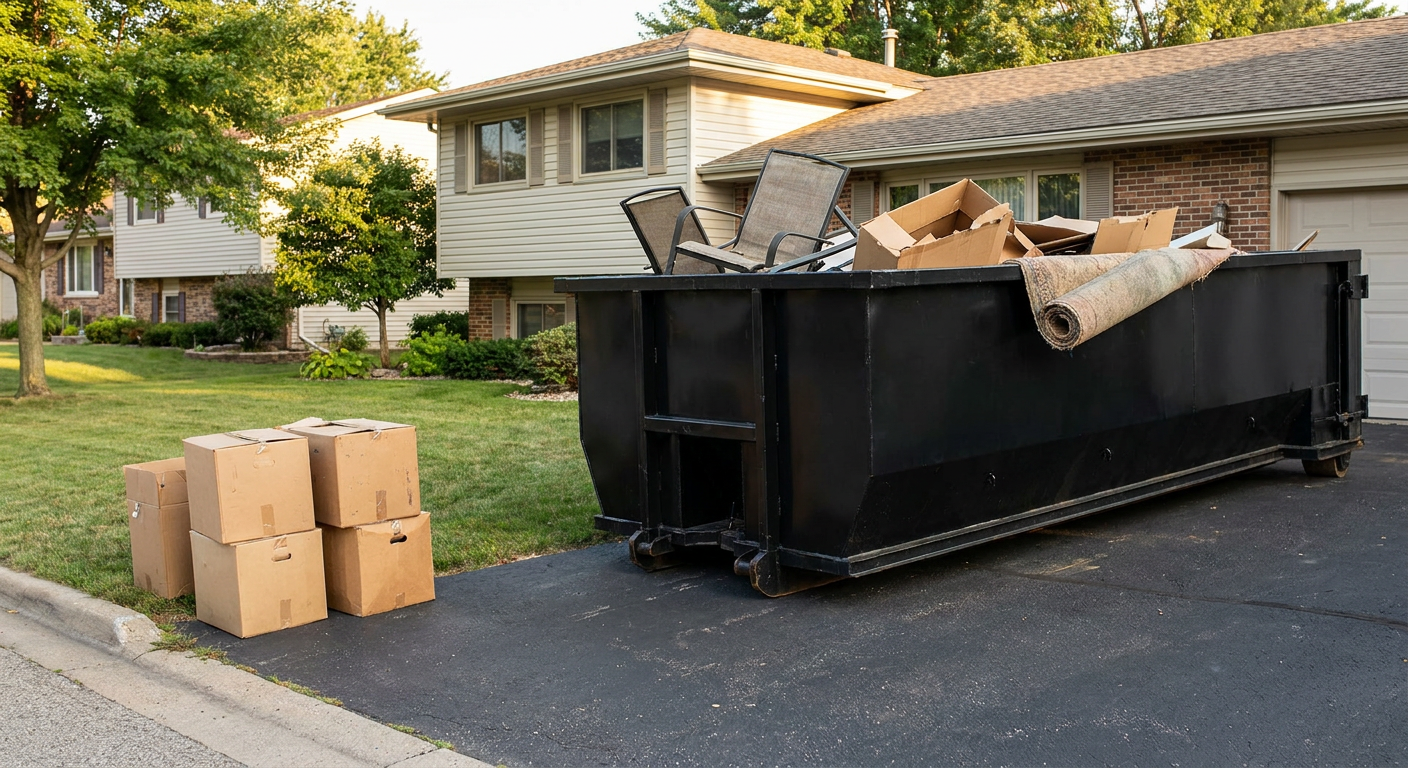 Front-yard view of a Chapel Hill split-level home with a 20-yard matte-black roll-off dumpster sitting directly on the asphalt driveway, a few clearly labeled donation boxes staged at the curb, calm sunny afternoon.