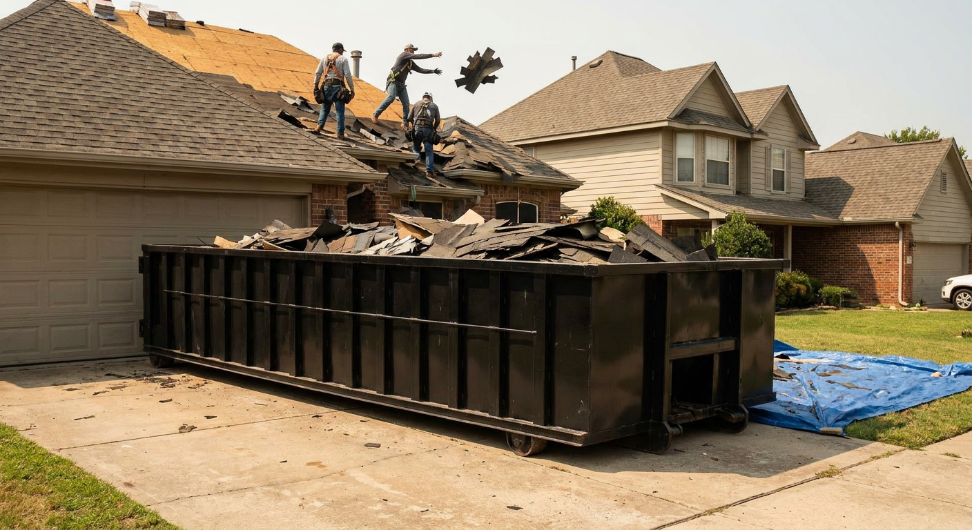 Matte-black roofing roll-off dumpster placed directly on a Chapel Hill residential concrete driveway, a tear-off crew on a two-story asphalt-shingle roof tossing shingle bundles into the low-walled container, bright daylight, documentary 35mm perspective.