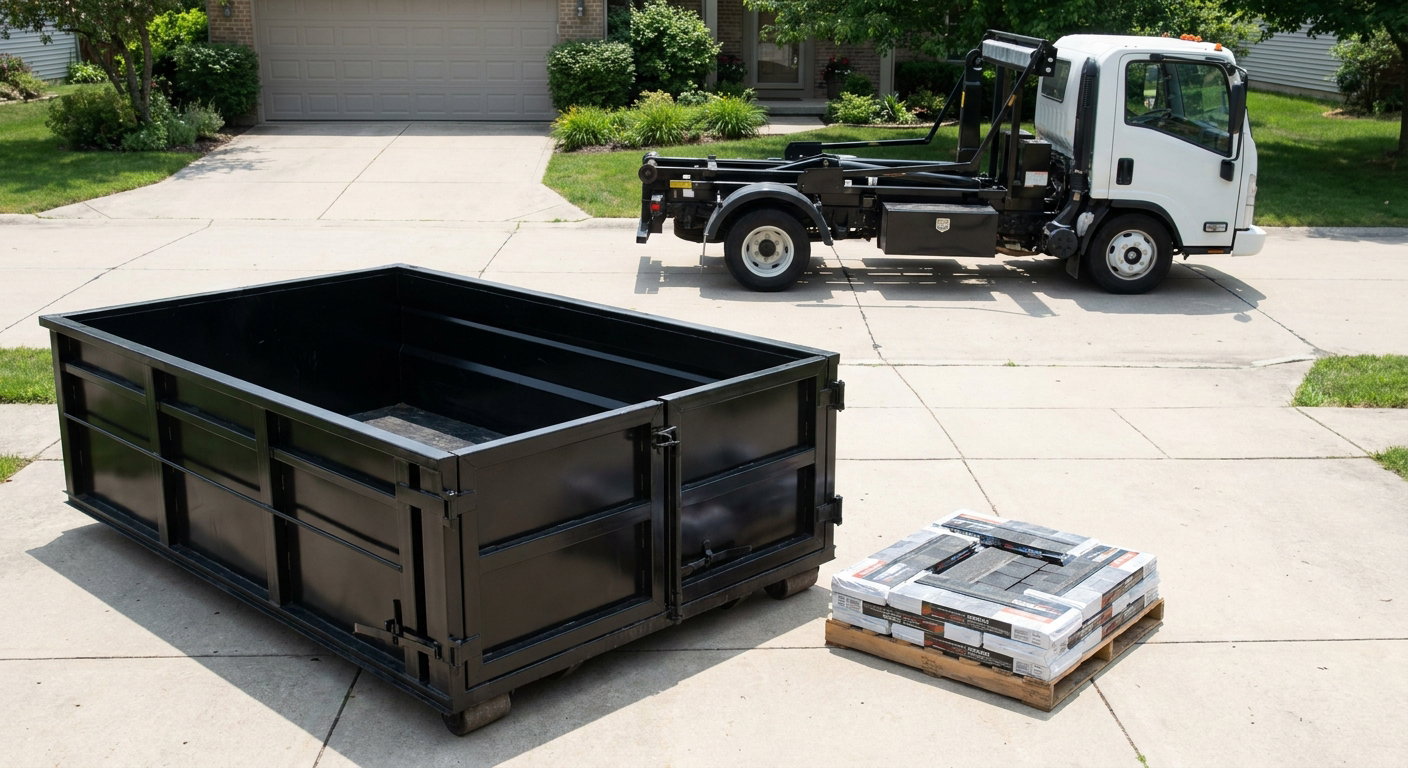 Matte-black 15-yard roofing roll-off dumpster with reinforced low side walls sitting directly on a Chapel Hill residential concrete driveway, three-tab asphalt shingle bundles stacked nearby, an unmarked white hauler truck partially visible at the edge of the frame.
