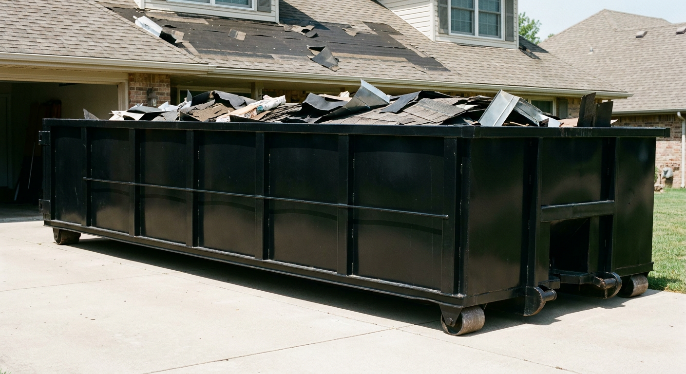 Matte-black 20-yard roofing roll-off dumpster with steel ribbed sides and swinging rear door, sitting directly on the concrete driveway of a two-story Chapel Hill home, asphalt shingle debris being loaded over the low wall, clean documentary lighting.