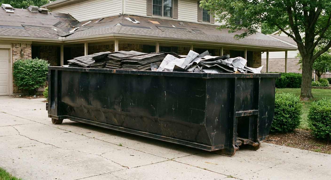 Matte-black 30-yard roofing roll-off dumpster sitting directly on a Chapel Hill concrete driveway, taller ribbed steel side panels, mixed tear-off debris of asphalt shingles and underlayment inside, professional documentary daylight.