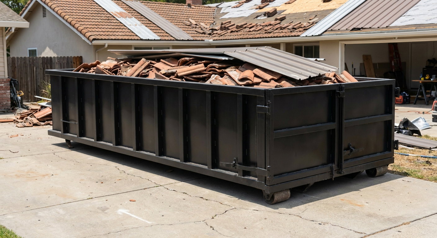 Matte-black low-wall heavy-debris roofing roll-off dumpster sitting directly on a Chapel Hill concrete driveway, broken concrete clay roof tiles and metal panel sections loaded inside, reinforced ribbed steel side walls visible, bright outdoor daylight.