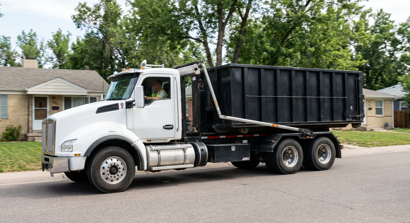 A wide documentary shot of a matte-black roll-off delivery truck pulling onto a quiet Chapel Hill residential street at mid-morning, with neighborhood rooftops and tree-lined blocks visible behind, showing the metro coverage footprint.