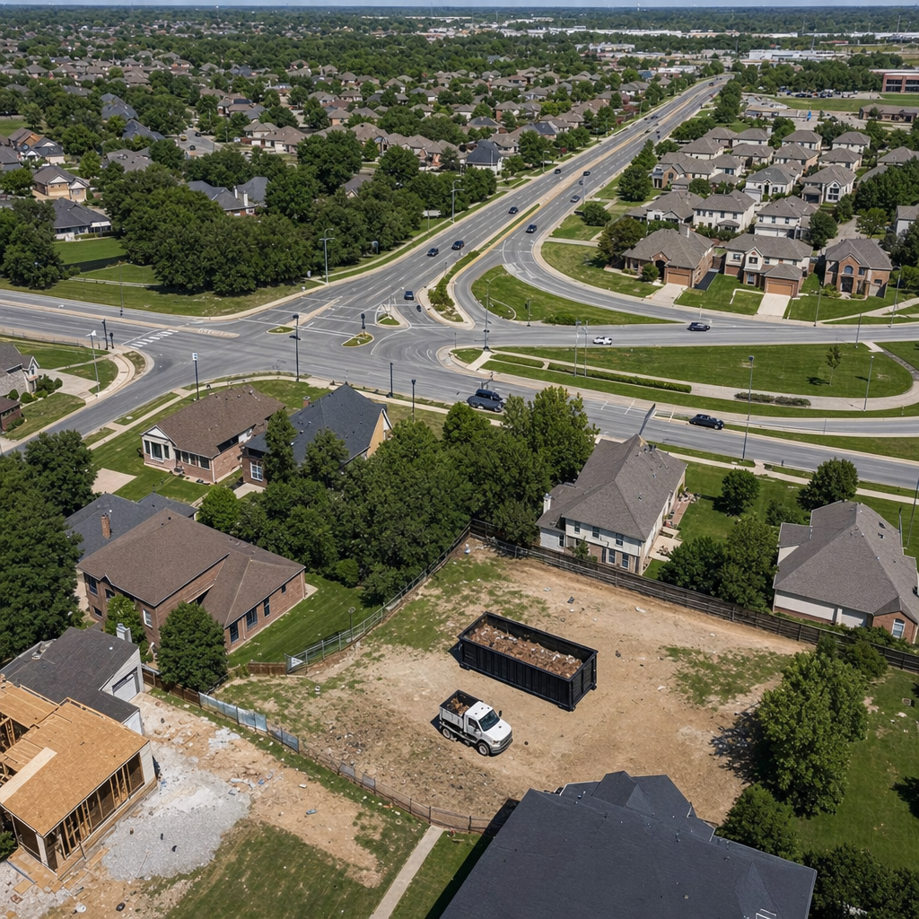An overhead documentary view of the Chapel Hill metro area at midday, showing the spread of neighborhoods, arterial roads, and the dispatch radius from a central yard — clean daylight, organized geographic layout.