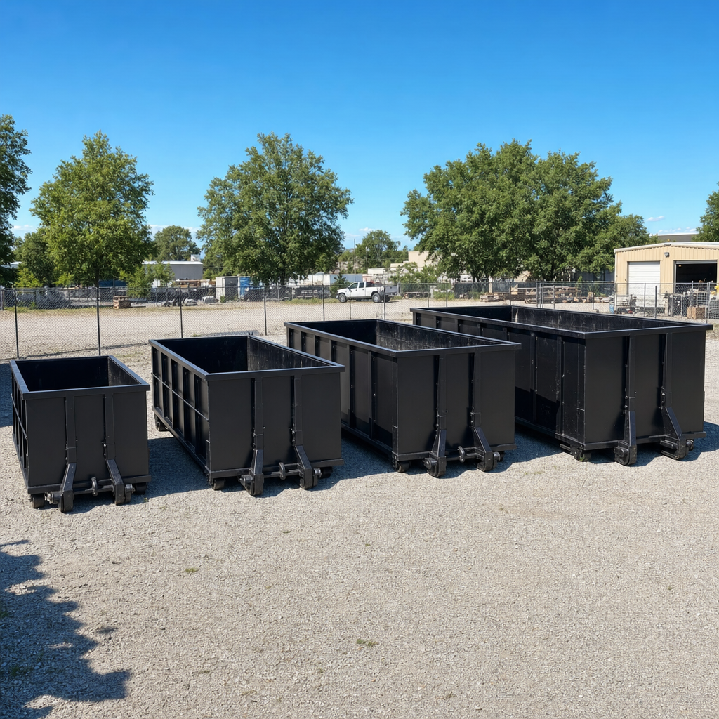 A clean lineup of matte-black roll-off dumpsters in 10, 20, 30, and 40-yard sizes staged on a sunlit gravel yard in Chapel Hill, showing the size progression from compact to commercial-scale containers.