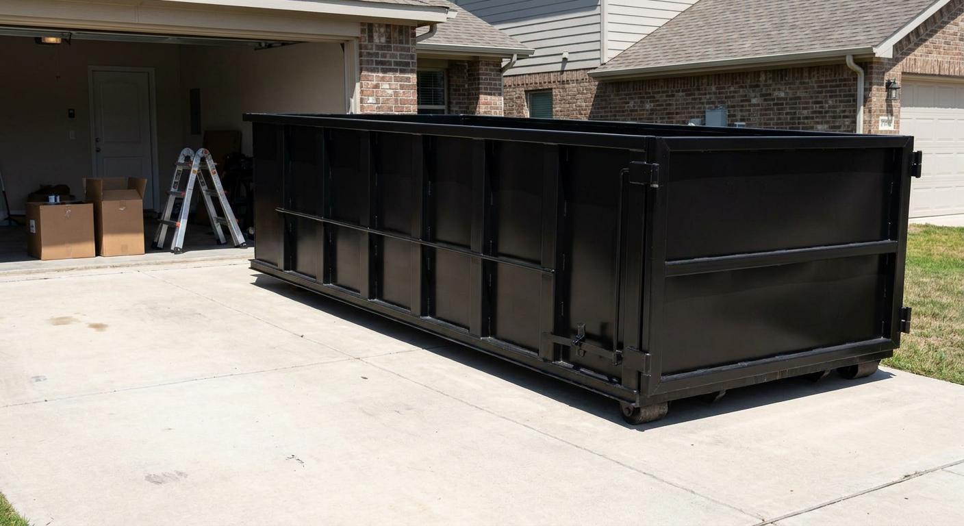 A matte-black 10-yard roll-off dumpster sitting directly on a residential Chapel Hill concrete driveway, mid-day sunlight, clean and ready for a garage cleanout.