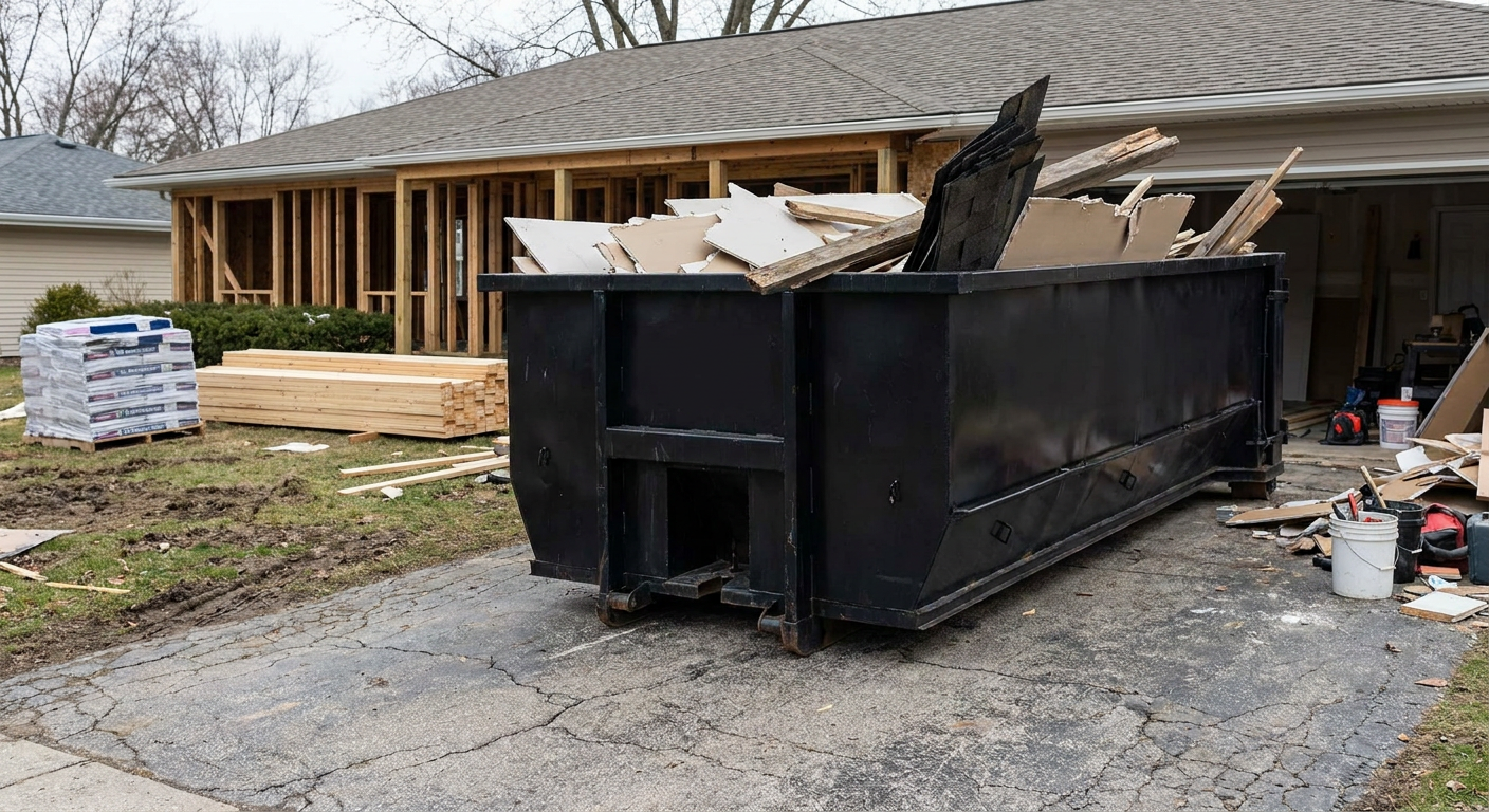 A matte-black 20-yard roll-off dumpster placed alongside a mid-renovation Chapel Hill home directly on the asphalt driveway, with framing materials and torn-off shingles staged neatly nearby.