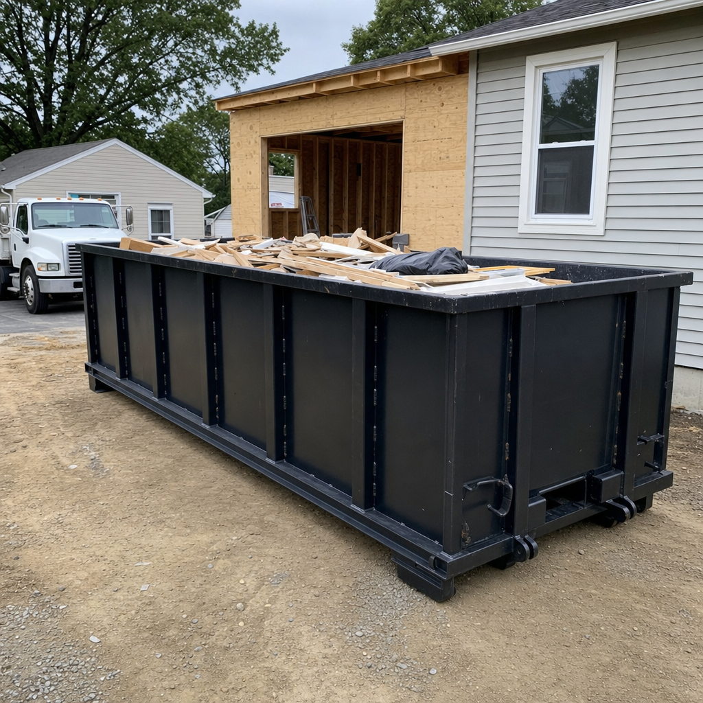 A matte-black 30-yard roll-off dumpster positioned at a Chapel Hill residential addition jobsite, with framing lumber and drywall scraps loaded through the open swinging rear doors.