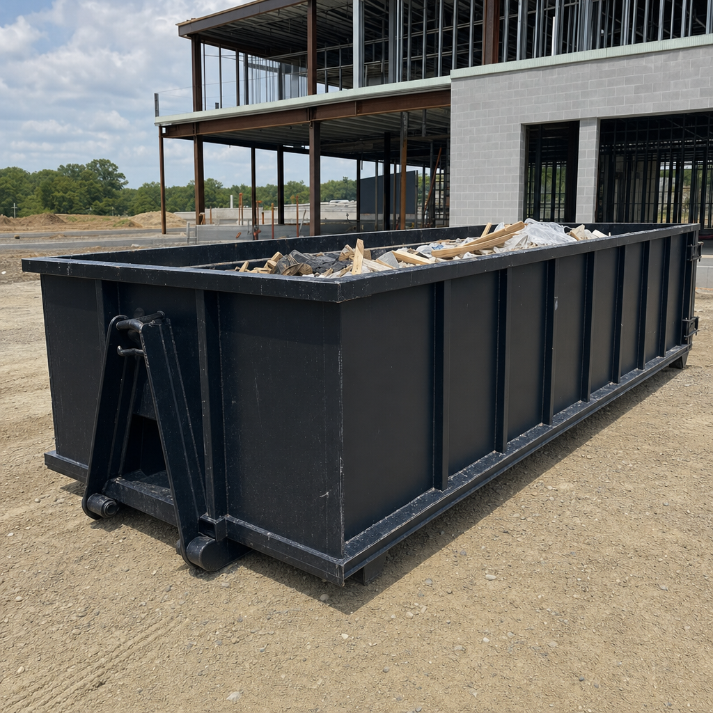 A matte-black 40-yard roll-off dumpster staged on a large Chapel Hill commercial construction lot, with a hooklift delivery truck parked alongside under bright midday sky.