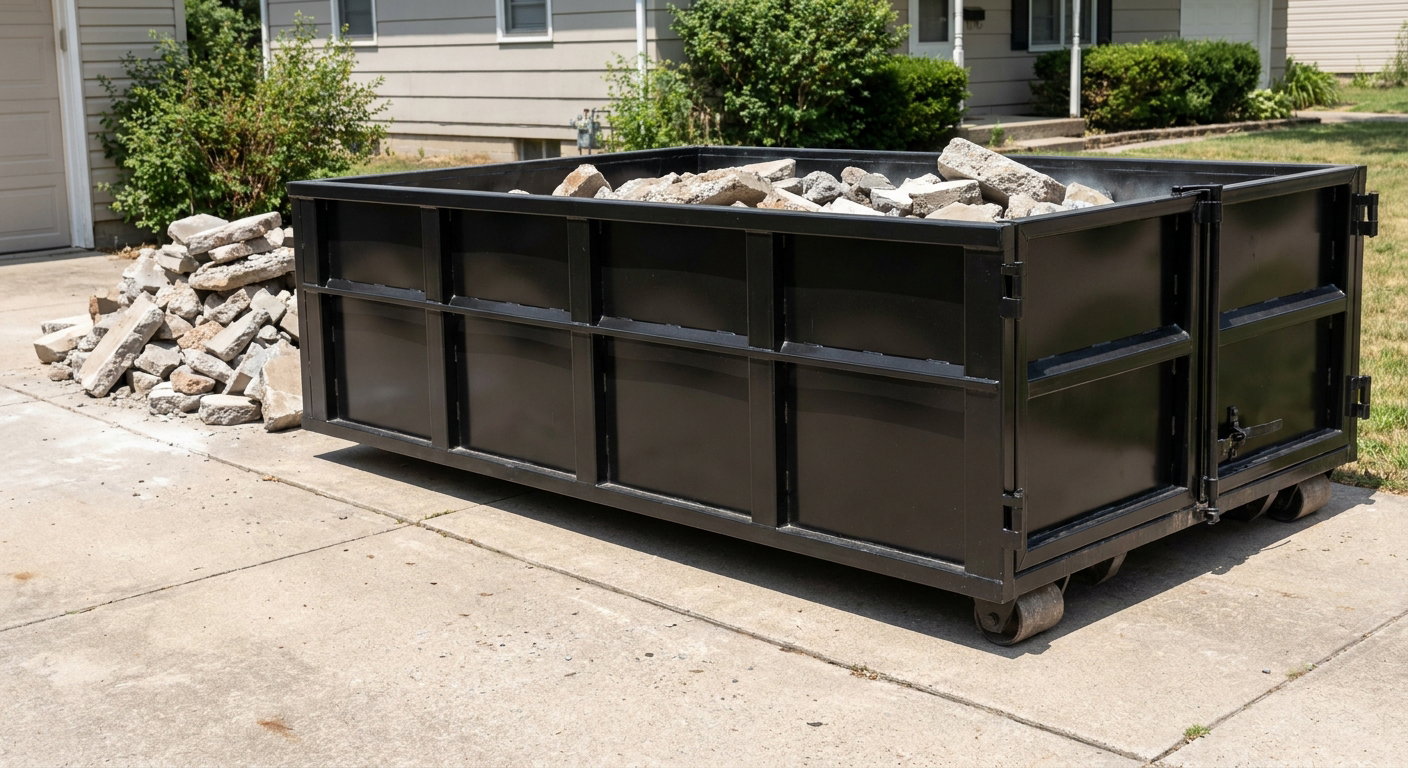 A matte-black low-side heavy-debris roll-off dumpster placed directly on a Chapel Hill concrete driveway, with broken concrete chunks neatly stacked beside it under clean daylight.